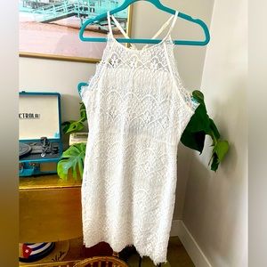 White lace Sans Souci sleeveless mini dress size L like new